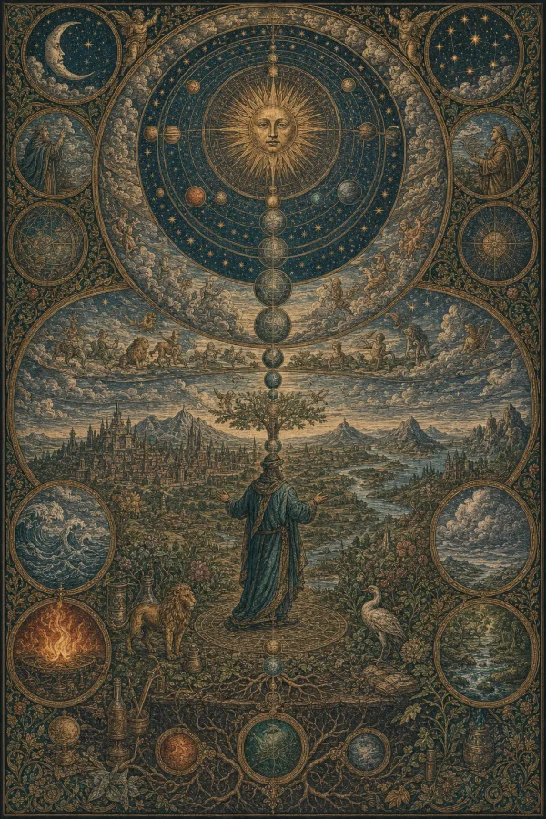 A central axis links celestial heavens above with the human and earthly world below