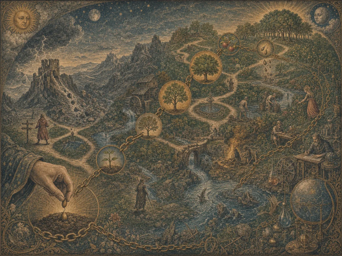 A seed, branching paths, linked causes, and a growing tree show action becoming consequence