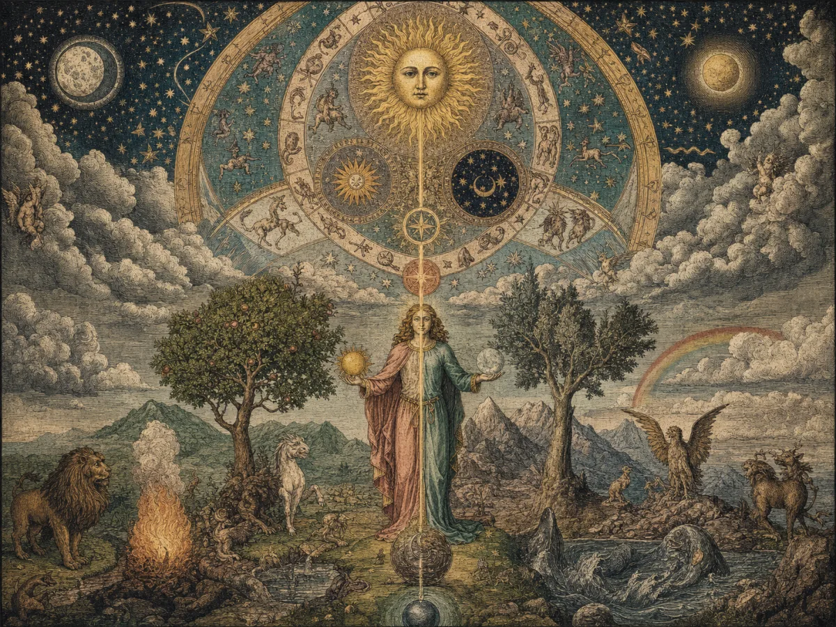 Macrocosm and microcosm illustration linking celestial order with a human and earthly pattern