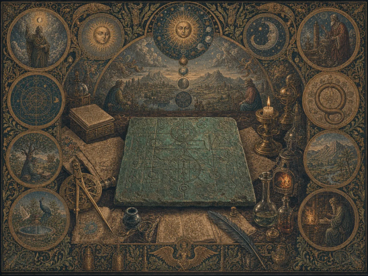 An engraved emerald-bronze tablet rests beside manuscript fragments, compass, and celestial instruments