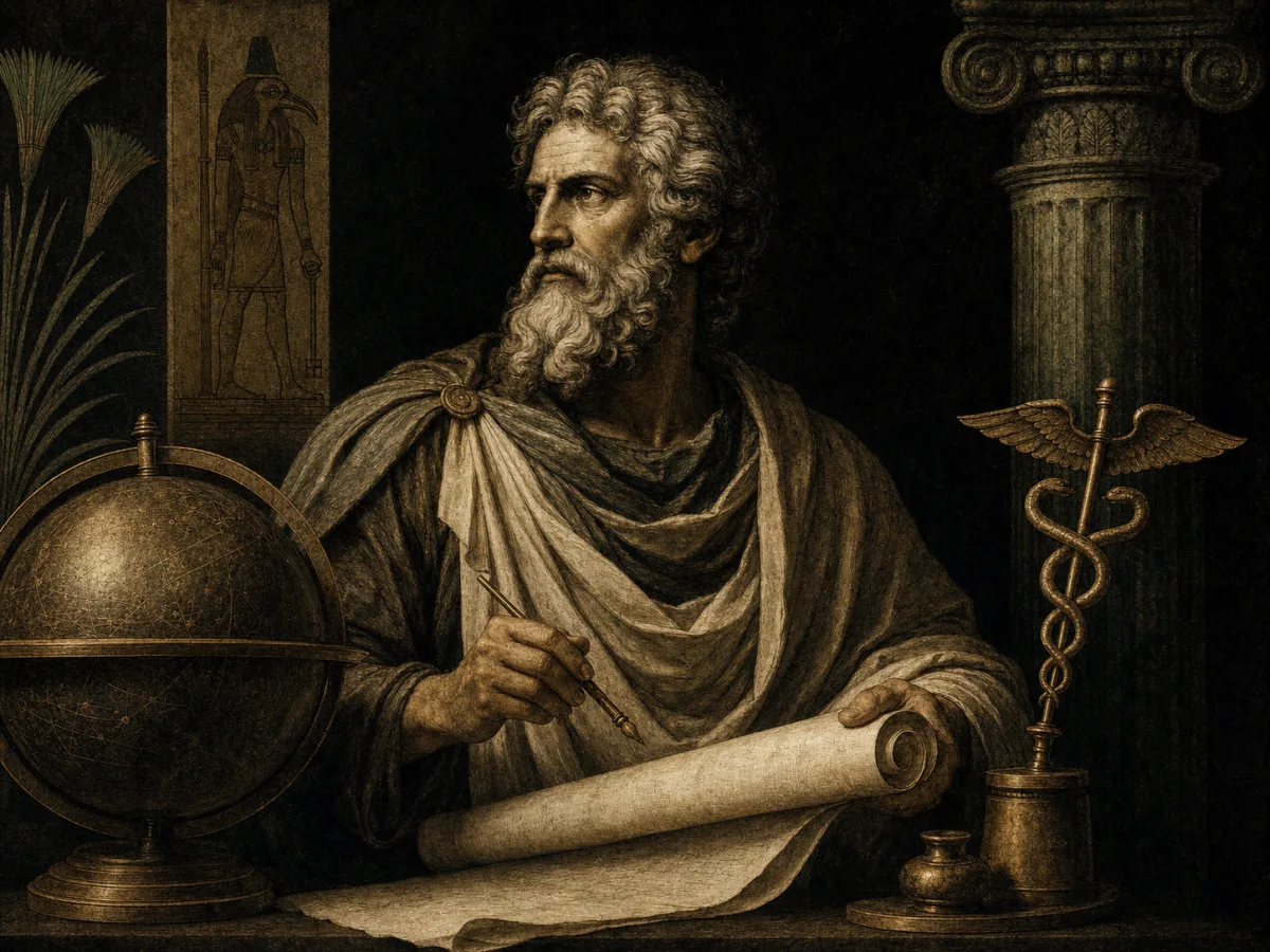 Original symbolic portrait of the legendary sage Hermes Trismegistus with scroll, caduceus, and celestial sphere