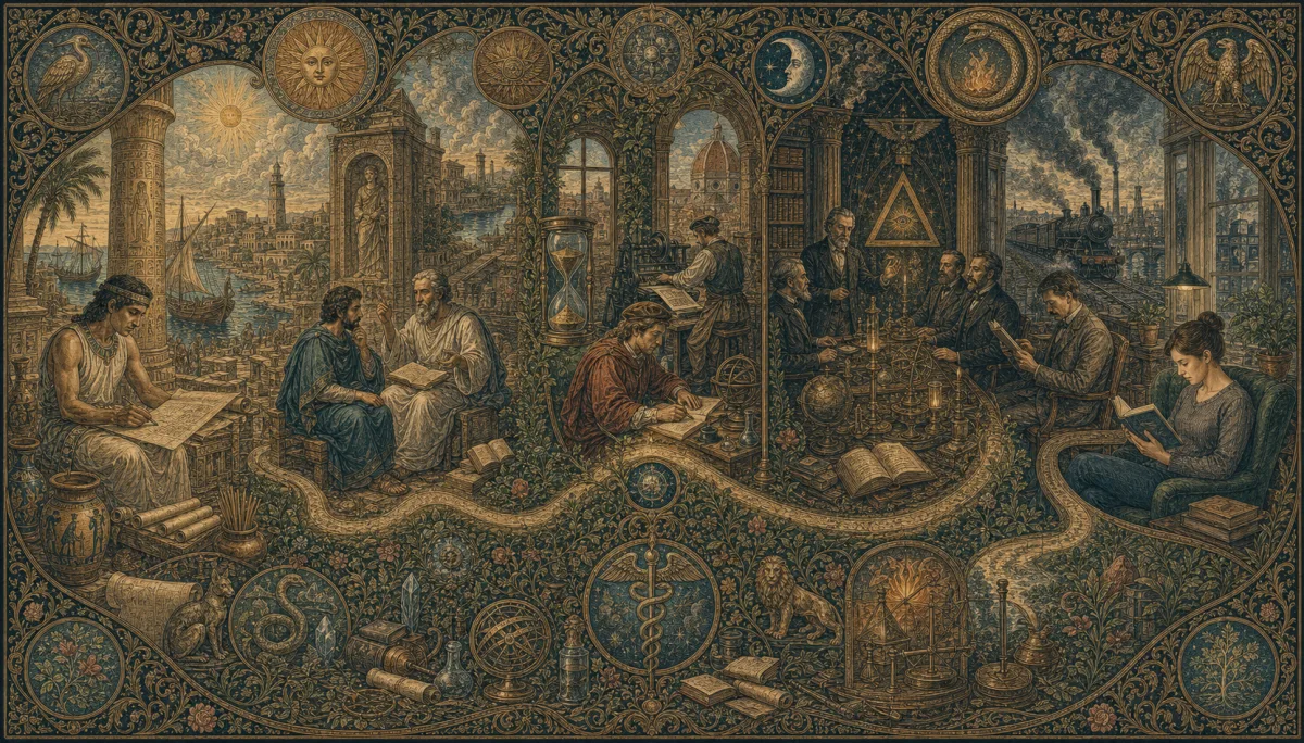 A five-stage timeline traces Hermetic philosophy from Hellenistic Egypt to modern interpretation