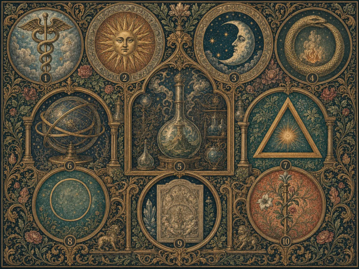 A numbered educational plate presents ten Hermetic symbolic forms without dense labels