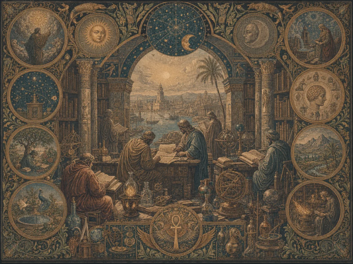 An Alexandria-inspired scholarly library with papyrus, manuscripts, celestial charts, and instruments