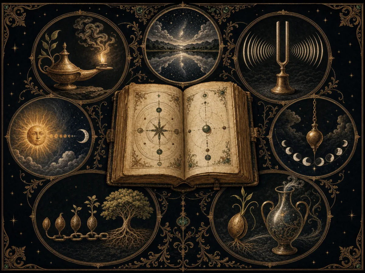 An illuminated manuscript surrounded by seven distinct symbols representing the Hermetic Principles