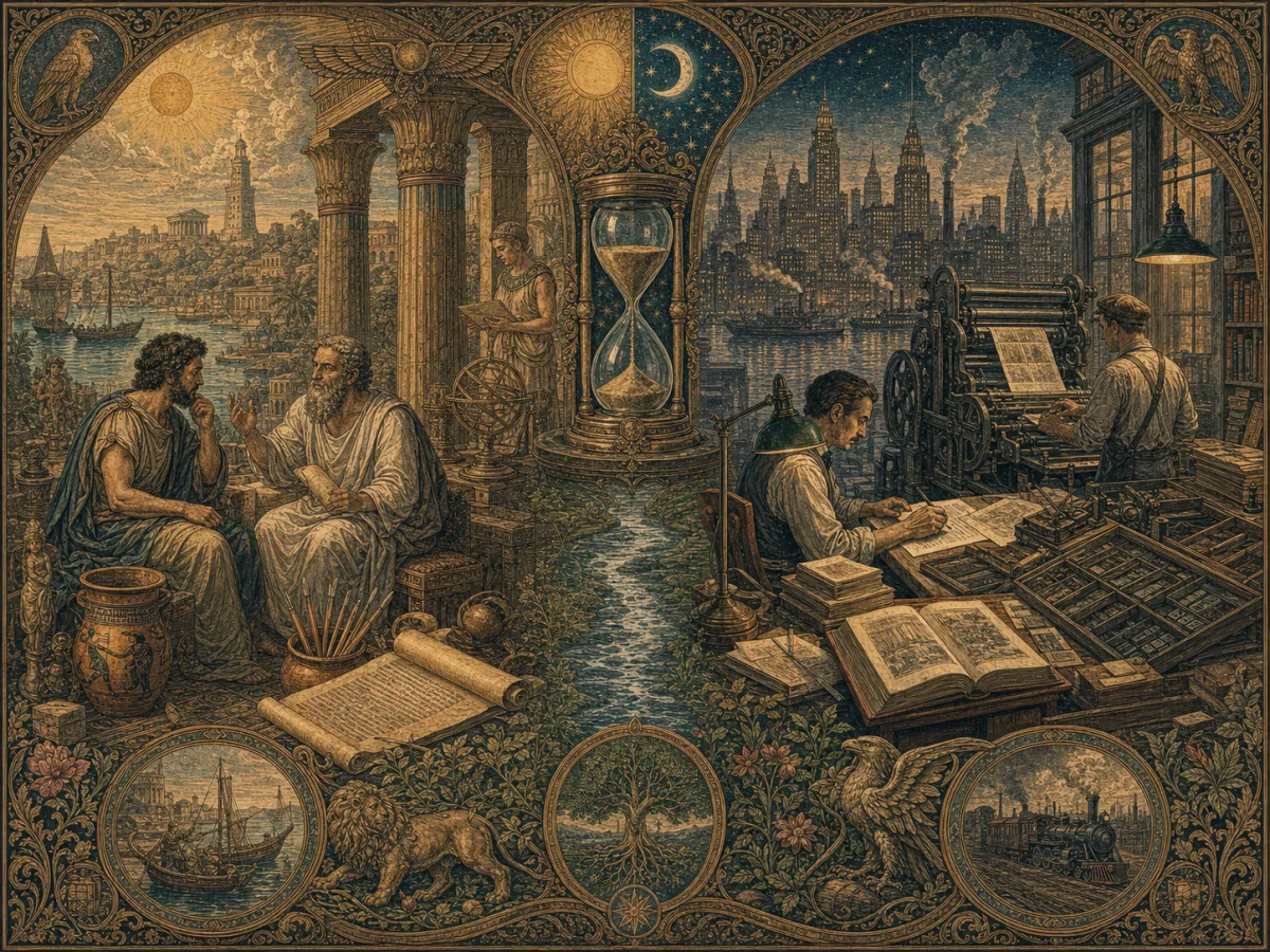 An ancient manuscript and a modern printed book stand on opposite sides of a historical divide