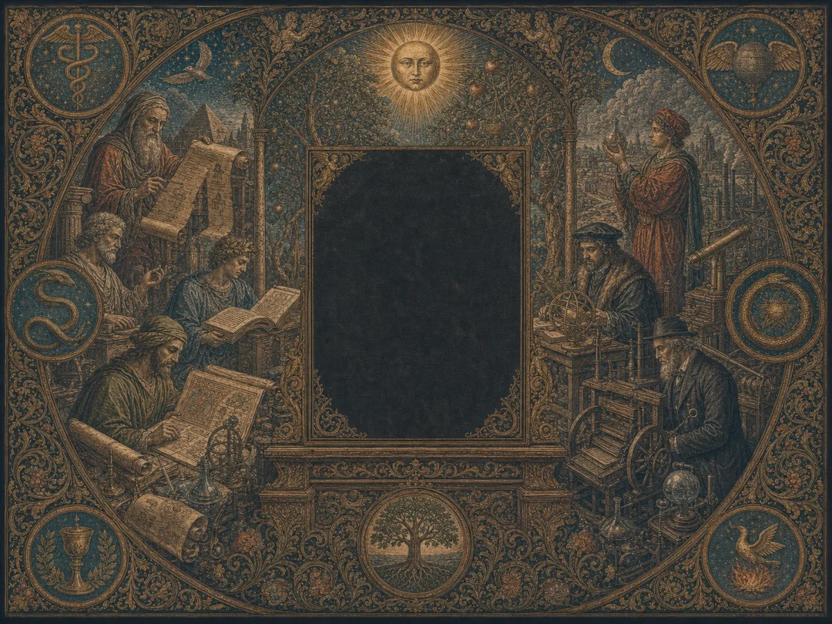A modern printed Kybalion stands between ancient manuscript traditions and a seven-part timeline