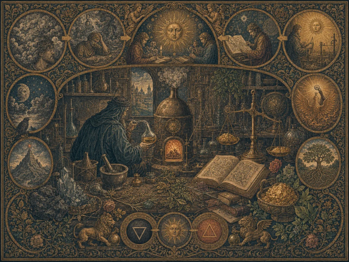 An alchemical furnace and vessel symbolize disciplined refinement from a base state toward a golden state