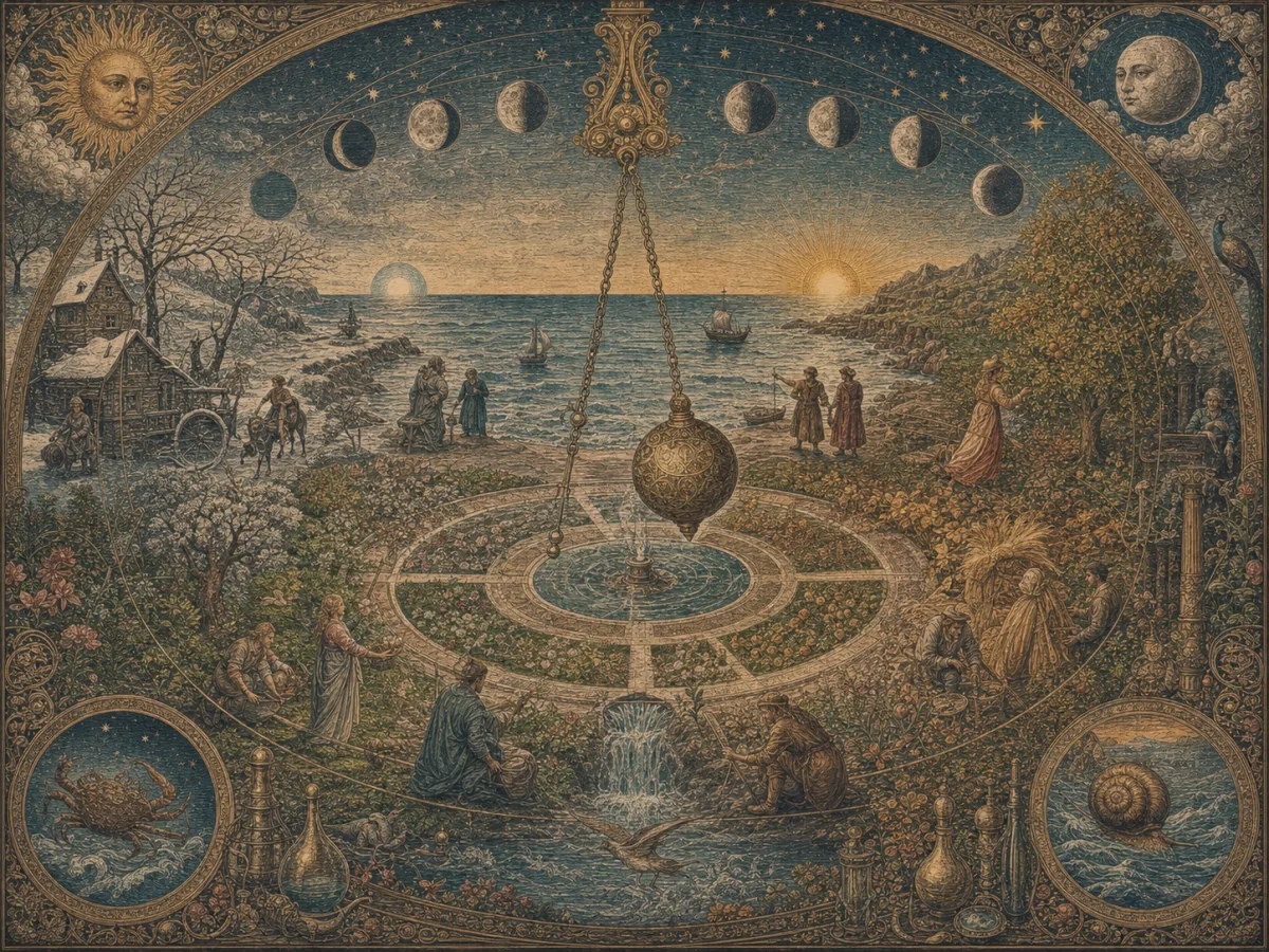 A pendulum crosses lunar phases, tides, and rising and falling cyclical arcs