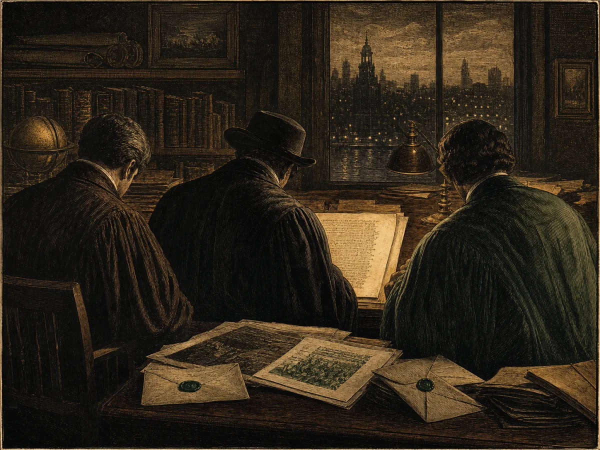 Three anonymous scholars seen from behind around an unsigned manuscript