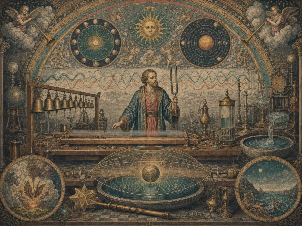 Antique scientific plate of a tuning fork, strings, bell, ripples, and harmonic wave lines
